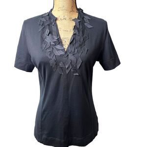 Akris Punto Black Cotton Stretch Top Leaf Appliqué V-Neck Short Sleeve Size S